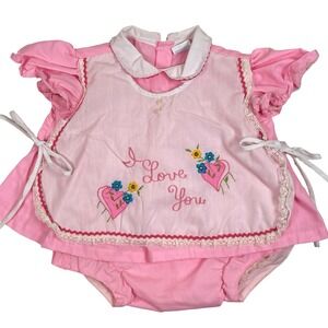 Cradle Togs Vintage Embroidered Dress Diaper Cover Girl Pink Heart Lace Trim 3-6